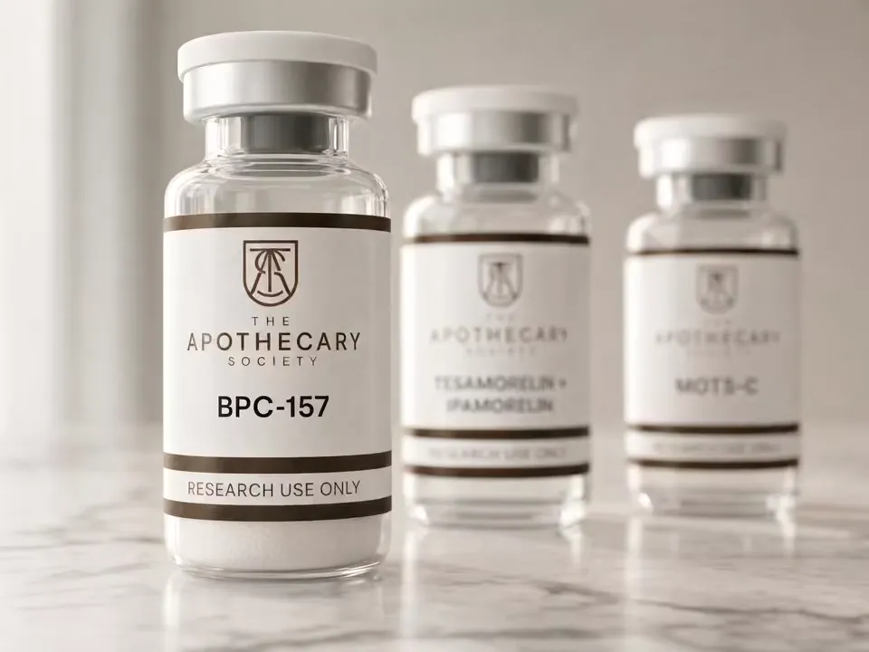 Apothecary Society vials of lyophilized powder on marble